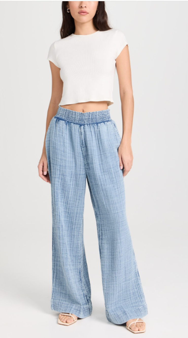 Faherty Dream Cotton Gauze Wide-Leg Pants Indigo Blue Size M Smocked Waist